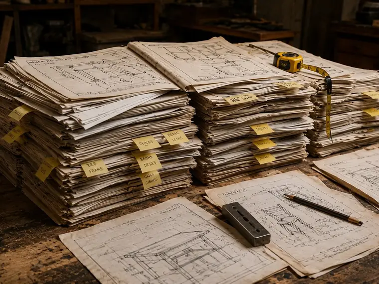 Stack of woodworking plans with cut lists, measurements and labelled project tabs on a workbench